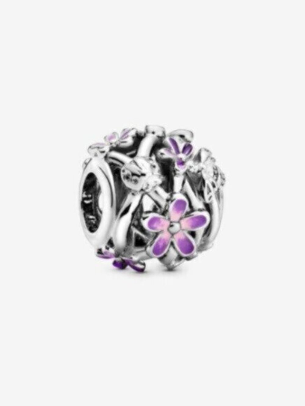 Pandora Silver Floral Charm with Purple Enamel Flowers